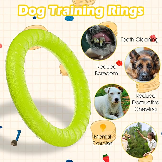 3 Pack Dog Training Rings – Durable EVA Chew Toys for Aggressive Chewers, Floating Fetch & Tug-of-War Toy for Small to Medium Dogs (7-Inch, Green/Orange/Yellow)