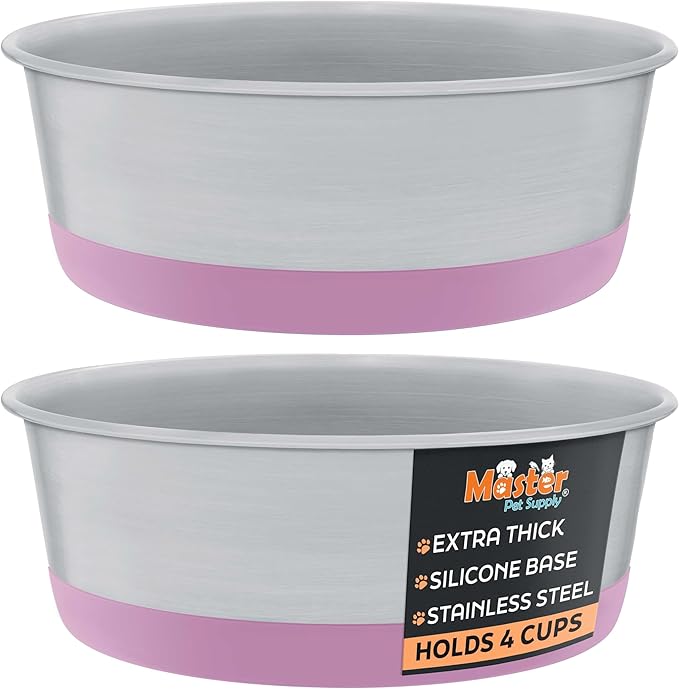 Master Pet Supply Stainless Steel Dog Bowls Set of 2 with Extra Thick Silicone Base - 4 Cup (32 oz) Hyper Pink, Non-Slip, Dishwasher Safe Metal Bowls, Pet Dog Food Bowl for Dogs, Cats, Anti Rust