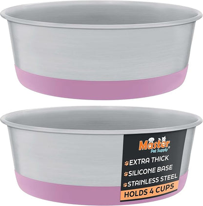 Master Pet Supply Stainless Steel Dog Bowls Set of 2 with Extra Thick Silicone Base - 4 Cup (32 oz) Hyper Pink, Non-Slip, Dishwasher Safe Metal Bowls, Pet Dog Food Bowl for Dogs, Cats, Anti Rust