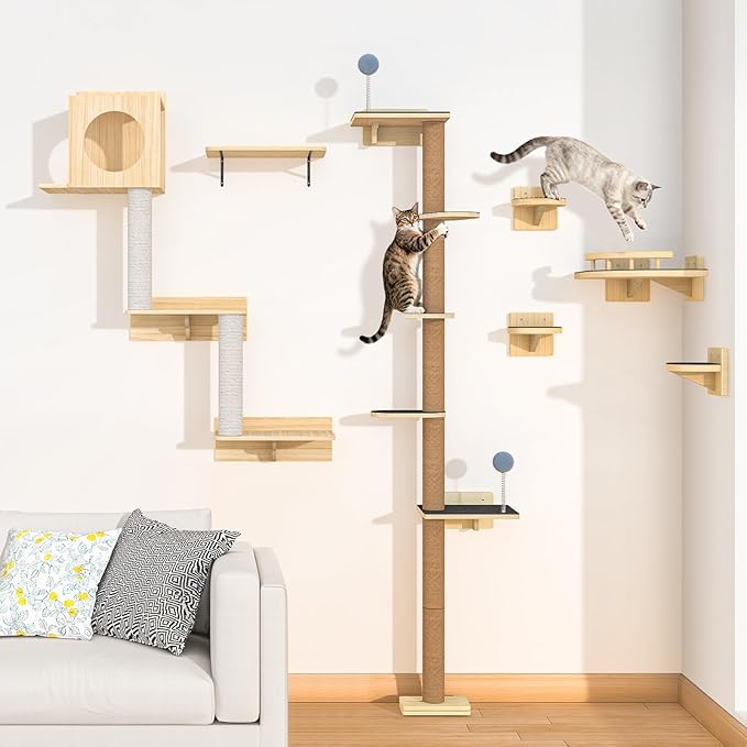 Tall Cat Tree Wall Mounted for Large Cats, 82 inch Scratching Post with Toys, Floor to Ceiling Cats Tower for Corner Area, Kitty Wall Shelf for Sleeping Playing Lounging Perching