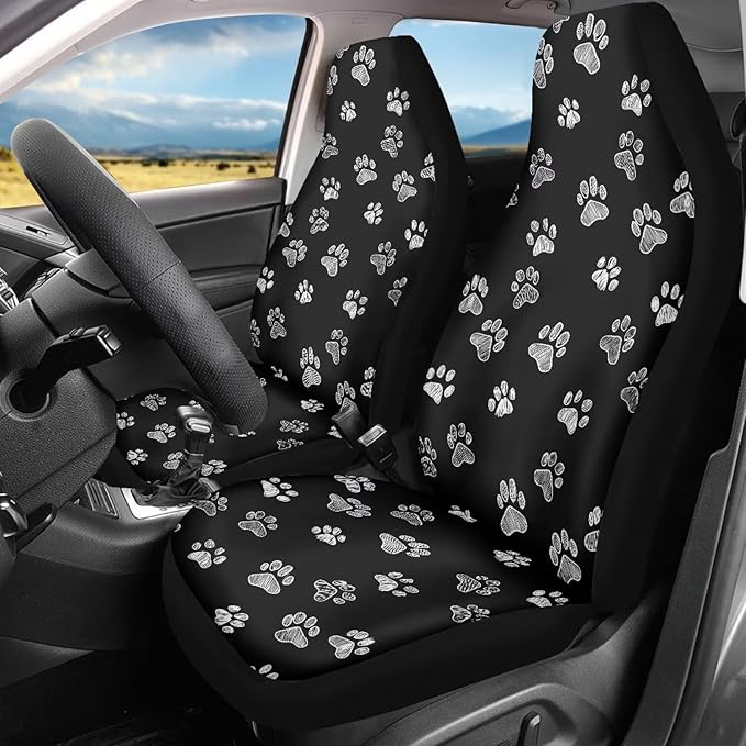 Dreaweet White Dog Paw Print Car Seat Covers for Women 2 Front Set Cute Car Accessories Washable Front Seat Cover Universal Fit Most Vehicle SUV Sedan Trucks