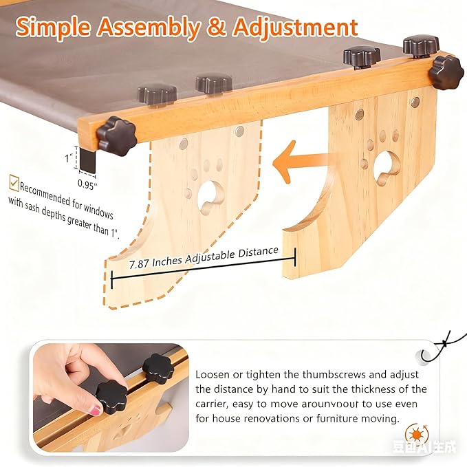 Cat Window Perch - No Drilling Renter-Safe, Adjustable Sill Fit with Sturdy Wood- Metal Frame, Washable Non-Slip Bed, Easy Assembly for Indoor Cats - Ideal for Small Spaces & Multi-Cat Homes(Gray,L)