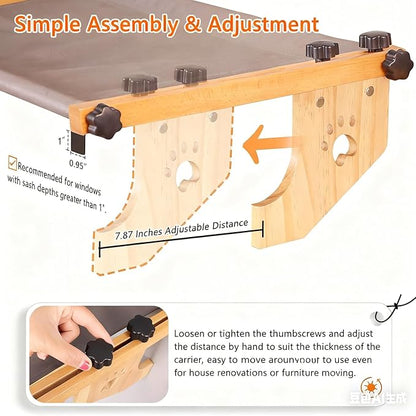 Cat Window Perch - Drill-Free Adjustable Sill Hammock, Sturdy Wood & Metal Frame, Washable Non-Slip Bed Cover, Easy Install for Indoor Cats & Multi-Cat Families (Grey,XL)