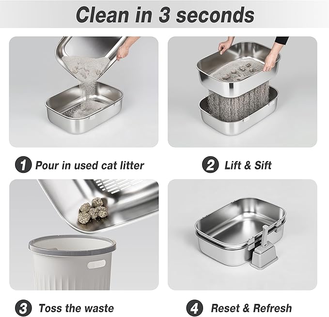 Triple Pan Stainless Steel Sifting Cat Litter Box, Large High Sided Metal Litter Box for Big Cats up to 20lbs, Odor-Free Non-Stick Easy Clean System, No Scooping Sifter Tray for Multi-Cat Homes