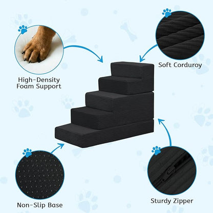 Dog Stairs for Small Dogs, 5 Step Pet Stairs for High Beds and Couch, Dog Steps for Bed Balanced 22.4" H, Foldable Pet Ramp for Large Cats Climb, Non-Slip Bottom Doggy Step, Black