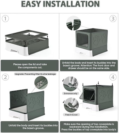 Cat Litter Box with X-Large Litter Mat and Scoop, Large Covered Litter Box with Lid, Enclosed Kitty Box,Front Top Entry Exit, Odor Control Easy to Clean (Upgrade Olive Green)