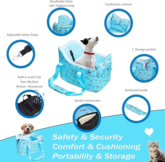 Cullaby Console Dog Car Seat - Portable Dogs Armrest Booster Seat for Small Dog, Anti-Collapse Pet Car Seat with Soft Cushion Safety Belt, Support Pet Up to 11lbs (Blue Daisy)