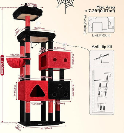 Globlazer Extra Large Gothic Cat Tower, 81-inch Tall Goth Cat Tree for Big Cats 20 lbs, XXL Heavy Duty Cat Scratching Tower for Indoor Adult Cats with 3 Cat Condos, 8 Scratching Posts, F81, Red Black