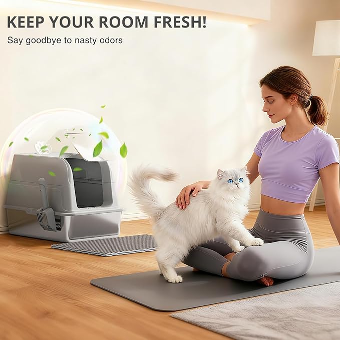 Stainless Steel Cat Litter Box Fully Enclosed, Extra Large Metal High Sided Cat Box with 120° Fully Transparent See-Through Flip Lid, Scoop & Mat - Grey - XL