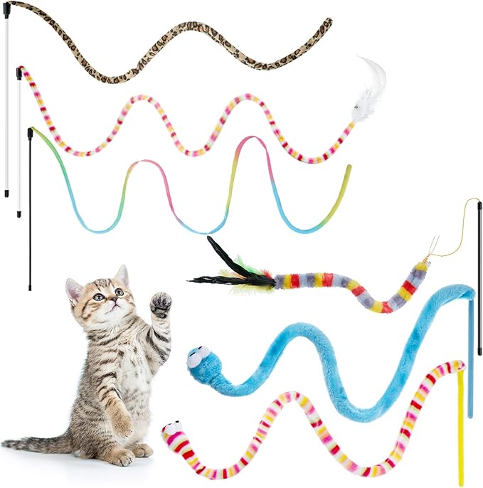 Sumind 6 Pieces Cat Toys Interactive Cat Wand Toys with Feather and Bell Safe Teaser Catcher Stick Toy Colorful and Sounding Christmas Wand for Cats Kittens Training Pets Exerciser