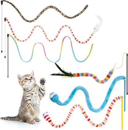 Sumind 6 Pieces Cat Toys Interactive Cat Wand Toys with Feather and Bell Safe Teaser Catcher Stick Toy Colorful and Sounding Christmas Wand for Cats Kittens Training Pets Exerciser