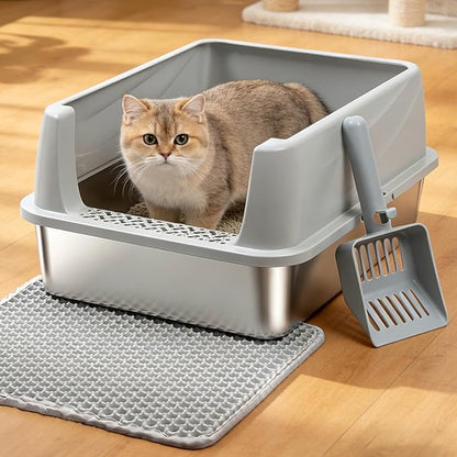 M Stainless Steel Cat Litter Box with Lid,Metal Litter Box High Sides for Kitty/Small Cats,Open Design,Indoor,1-Mat and 1-Scoop,Easy to Clean, No Odor,Anti-Urine Leakage