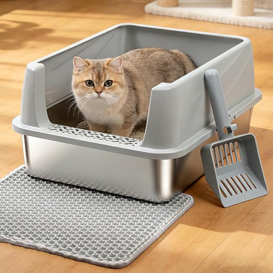 M Stainless Steel Cat Litter Box with Lid,Metal Litter Box High Sides for Kitty/Small Cats,Open Design,Indoor,1-Mat and 1-Scoop,Easy to Clean, No Odor,Anti-Urine Leakage