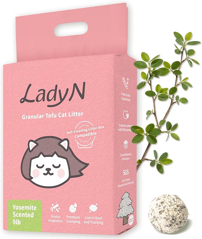 Lady N Granular Tofu Cat Litter Yosemite Scent, Mini-Pellet Compatible with Automatic Self-Cleaning Cat Litter Box, Premium Clumping, Low Dust, Probiotic Odor Control 9lb