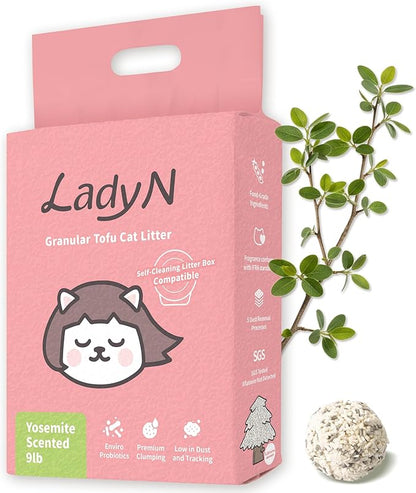 Lady N Granular Tofu Cat Litter Yosemite Scent, Mini-Pellet Compatible with Automatic Self-Cleaning Cat Litter Box, Premium Clumping, Low Dust, Probiotic Odor Control 9lb