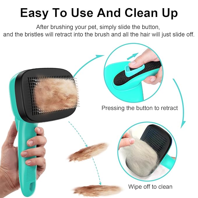 Self Cleaning Slicker Brush for Dog, Skin Friendly Shedding & Grooming Tool for Long and Short Haired Dogs and Cats, Easy Clean Retractable Bristles, Green