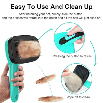 Self Cleaning Slicker Brush for Dog, Skin Friendly Shedding & Grooming Tool for Long and Short Haired Dogs and Cats, Easy Clean Retractable Bristles, Green