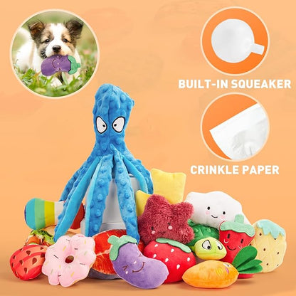 Squeaky Dog Toys, Small Puppy Toys, Cute Interactive Pets Toys Bulk for Small Medium Dogs Soft Plush Dog Toy Squeakers Pet Teething Chewers Fruit Vegetables Animals Set 15 Packs