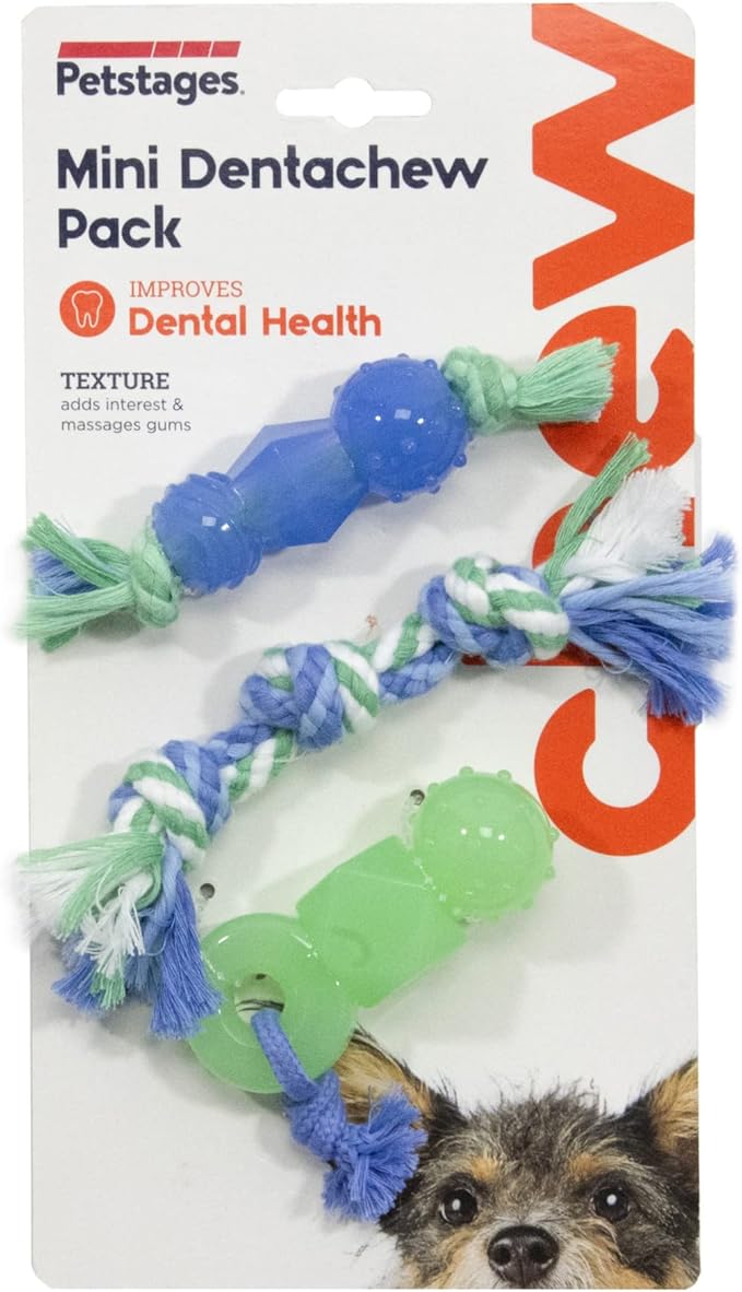 Mini Dentachew Pack Dental Chew Toy, Multi-Textured, Fetch & Tug Rope, Puppies & Small Dogs, 7", 3-Pack