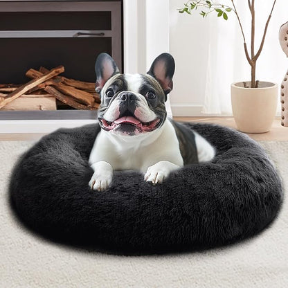 JOLLYVOGUE Calming Dog Bed Medium Size Dog, 31in Donut Washable Medium Pet Bed, Anti-Slip & Anti-Anxiety Fluffy Faux Fur Round Dogs Bed, Fits up to 45 lbs Pets (Black)