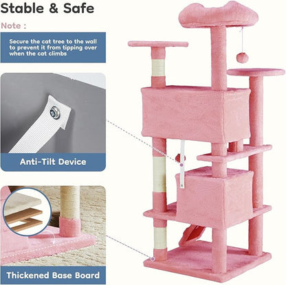 DUMOS 54-inch Indoor Cat Tree Tower –Multi-Level Pet House for Large Cats with 2 Condos, Scratching Posts, Round Platform, Small Ladder, and Toys, Pink