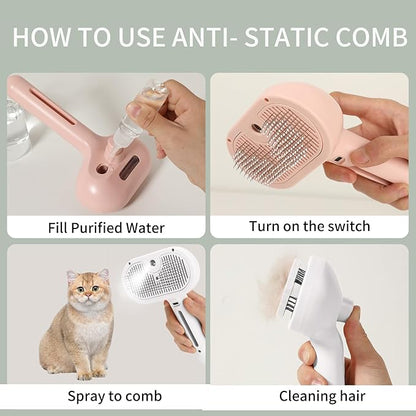 Steam Brush for Long Haired Pets - Self Cleaning Grooming Tool for Cats and Dogs to Reduce Shedding, Static and Flying Fur, White