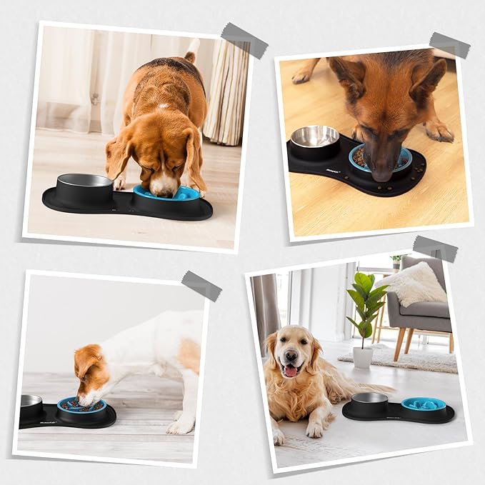MateeyLife Dog Food and Water Bowl Set 3 in 1, Slow Feeder Dog Bowls & Stainless Steel Water Bowl with Non-Spill Silicone Mat, Cat and Puppy Bowls Pet Dishes for Small Medium Large Breed Anti-Choking