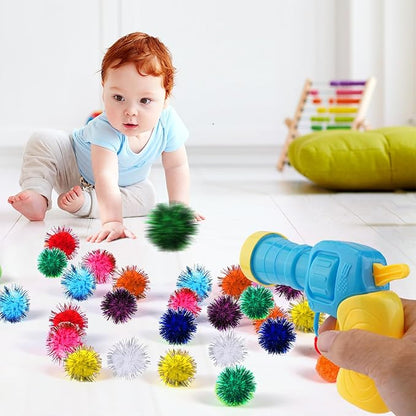 Dorhui Cat Toy Gun Launcher, 30 Pcs Sparkle Pom Pom Balls and Cat Ball Launcher, Cat Fetch Toy Gun Shooter for Indoor, Interactive Glitter Pom Pom Balls for Kitty Gifts