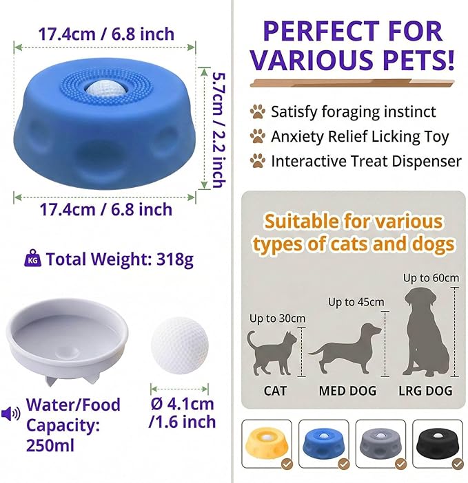 Lick Ball for Dogs - Slow Feeder Dog Bowls with Lick Ball, Anxiety Relief Licking Toy, Non-Slip Dog Lick Bowl Treat Dispenser for Dogs & Cats - Grey