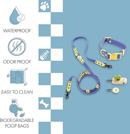 WLK1005C-5SET Luna Medium 8FT Adjustable 6-in-1 Waterproof Hands-Free Leash and Collar with LED Flashlight, Bag Dispenser, and Poop Bag Holder, Curaçao