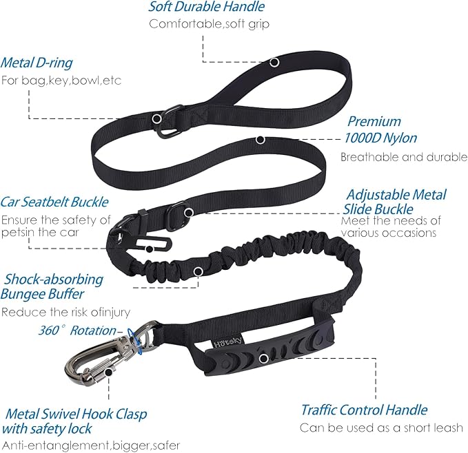 Hotsky Tactical Dog Leash Heavy Duty for Medium Large Dogs that Pull,4-6Ft Strong Bungee Shock Absorbing No Pull Dog Leash with Padded Double Handle and Car Seatbelt,Black