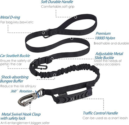 Hotsky Tactical Dog Leash Heavy Duty for Medium Large Dogs that Pull,4-6Ft Strong Bungee Shock Absorbing No Pull Dog Leash with Padded Double Handle and Car Seatbelt,Black
