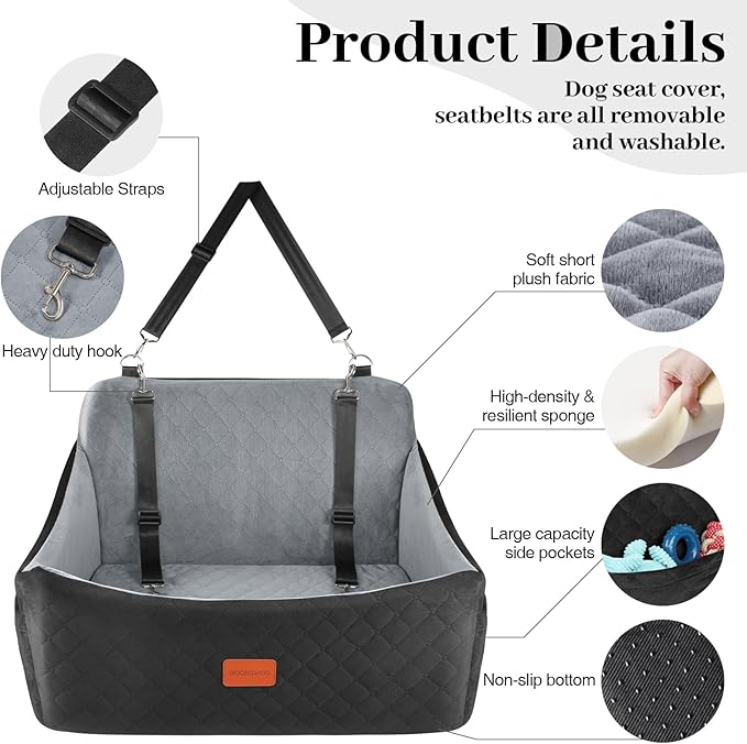 Wooaidagg Dog Car Seat for Medium & Large Dogs Up to 55lbs, Memory Foam Cushion, Washable Cover, Safety Straps & Non-Slip Base(Black/Grey,Large)