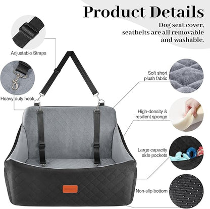 Wooaidagg Dog Car Seat for Medium & Large Dogs Up to 55lbs, Memory Foam Cushion, Washable Cover, Safety Straps & Non-Slip Base(Black/Grey,Large)