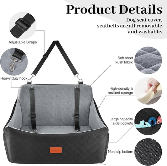Wooaidagg Dog Car Seat for Medium & Large Dogs Up to 55lbs, Memory Foam Cushion, Washable Cover, Safety Straps & Non-Slip Base(Black/Grey,Large)