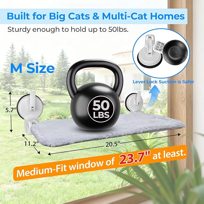 L&W BROS. 2PC Cat Window Perch with Lever Lock Suction Cups Holds up to 50 lbs Foldable & Space Saving Design Heavy Duty Window Hammock for Large or Multiple Cats (M 2Pc)