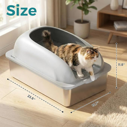 OLIXIS Stainless Steel Cat Litter Box with Lid, Large Cat Litter Box for Big Cats, High Wall Sides, Anti-Urine Leakage, Easy Cleaning, Scoop and Mat Included, Light Gray