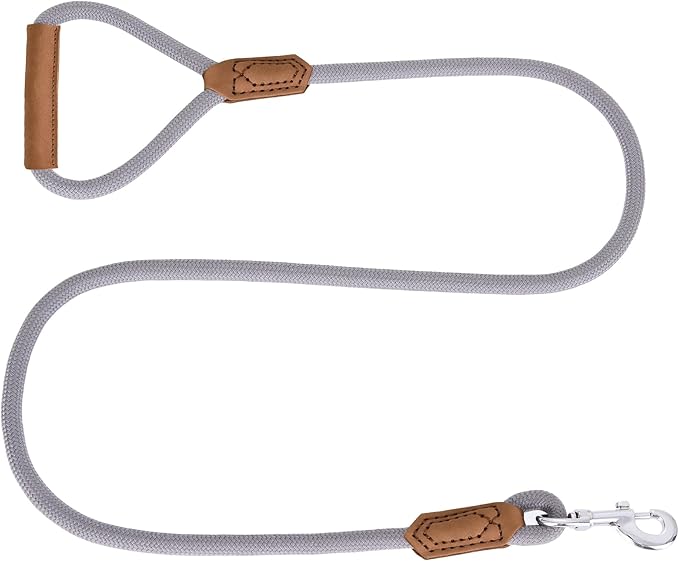 Mile High Life | Premium Leather Dog Leash | Strong Rope Leash | Leather Handle | Zinc Alloy Strong Clasp | Small Medium Large Dogs | 4/5/6 Feet(Gray Yellow, 48 Inch (Pack of 1))