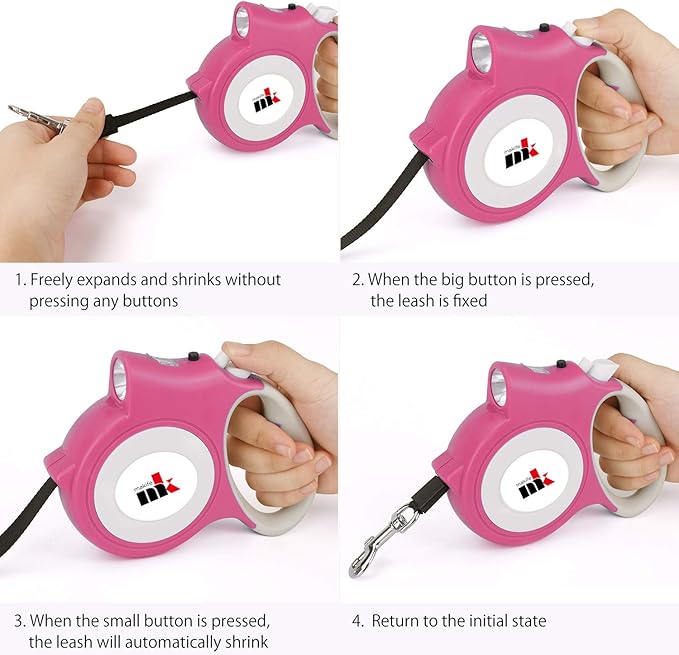 Retractable Dog Leash with LED Light Makife 5m Extendable Dog Lead for Small Medium Puppis up to 25kgs, One-Hand Brake & Lock System, Ergonomic Handle - Pink