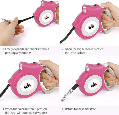 Retractable Dog Leash with LED Light Makife 5m Extendable Dog Lead for Small Medium Puppis up to 25kgs, One-Hand Brake & Lock System, Ergonomic Handle - Pink