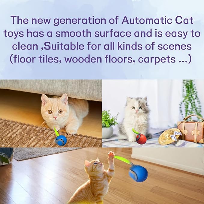 2026 Upgraded Self-Moving Cat Toy Ball with Tail (2-Pack) - Rechargeable Smart Interactive Kitten Toys, 2-Speed Modes, Bite-Resistant Indoor Exercise Toys for Bored Cats (Blue&Orange)