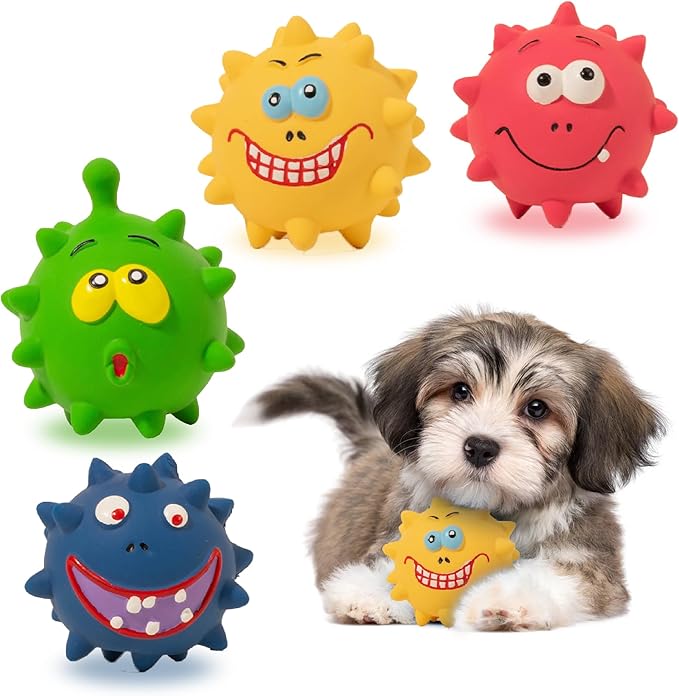 TTCOLATOPIA 4Pcs Squeaky Dog Toys Set - Natural Latex Rubber Balls for Large, Medium, Small Dogs - Aggressive Chewers Friendly - Cute Faces for Fun