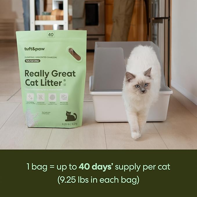 Tuft & Paw Really Great Cat Litter, Ultra Low Tracking Tofu Cat Litter, Clumping, Flushable, Odor Control, Dust-Free, Unscented - 9.25lbs x 2Bags (Charcoal)