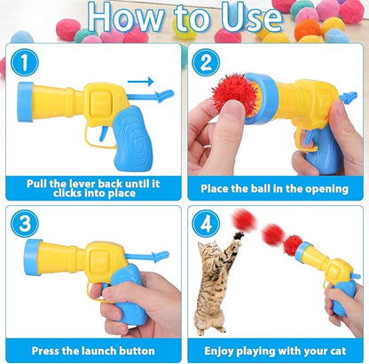 Mity rain 101PCS Cat Ball Launchers & Pom Pom Balls Interactive Cat Toy Set – Safe Soft Plush Kitten Toys for Indoor Cats, Fun Kitten Toys for Endless Active Play (Shining)