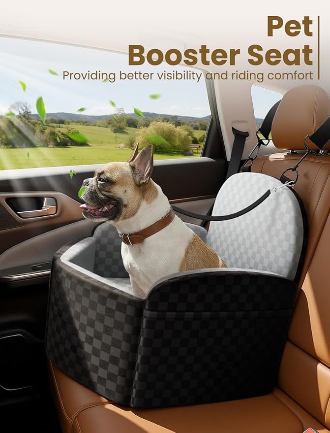 Dog Car Seat for Small/Medium Dogs Up to 35 lbs, Elevated Memory Foam Dog Booster Seat with 2 Safety Belts, Travel Safety Pet Car Seat with Detachable Washable Cover and Storage Pockets (Black/Grey)