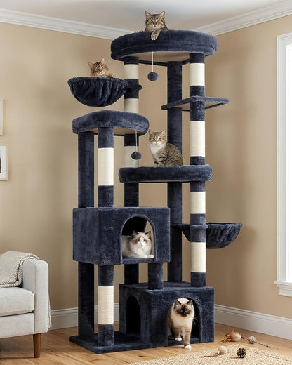 Hey-brother Cat Tree, 67.3 Inches Tower with 3 Soft Platform Beds, 2 Large Condos, 9 Sisal Scratching Posts, 2 Hammocks and Toys, Multi-Level Step House for Multiple Indoor Kittens, Smoky Gray MPJ084G