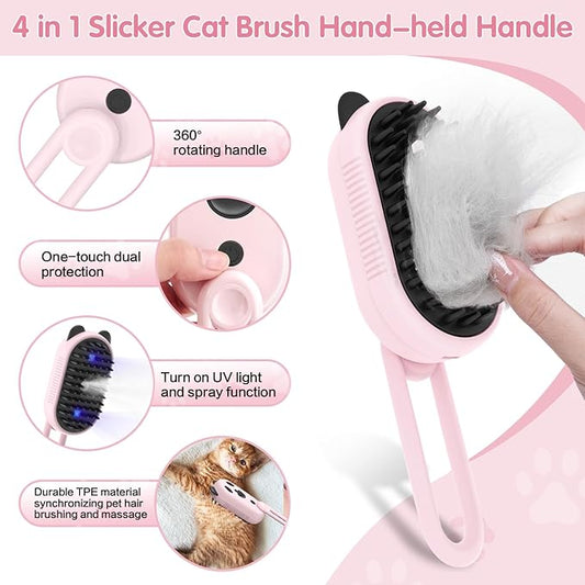 Cat Steam Brush for Shedding, 3-in-1 Rechargeable Pet Steaming Tool for Cats and Dogs, Misting Grooming Brush for Removing Loose Hair Tangled and Flying Fur, Skin-Friendly Silicone Bristles Pink