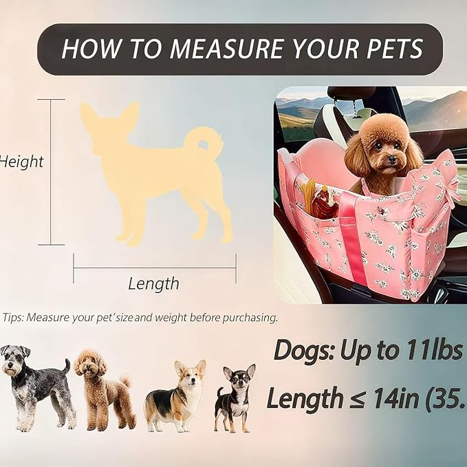 Cullaby Console Dog Car Seat - Portable Dogs Armrest Booster Seat for Small Dog, Anti-Collapse Pet Car Seat with Soft Cushion Safety Belt, Support Pet Up to 11lbs (Pink Daisy)