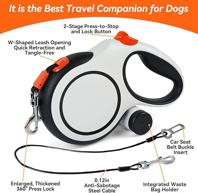 Upgraded Retractable Dog Leash with Chew Proof Cable, 26ft Heavy Duty Dog Leash for Large Dogs up to 110lbs, No-Tangle, Non-Slip Handle, One-Handed Brake, with Poop Bag Holder (Orange, L 26ft)