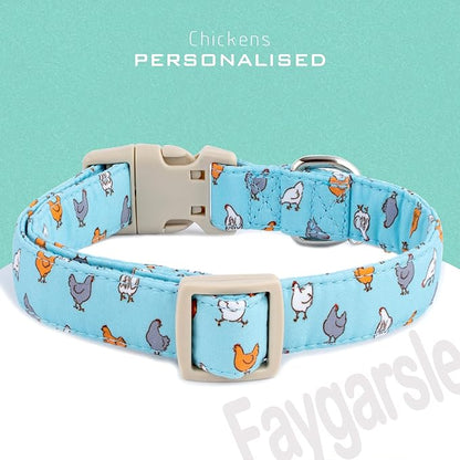 Faygarsle Funny Chicken Pattern Dog Collar, Cotton Fabric, Light Blue with Farm Animal Print for Small Medium Large Dogs XS